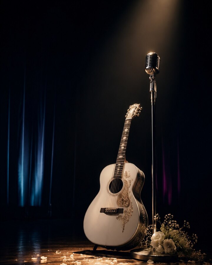 Symbolbild zum Nachruf auf Dolly Parton: Akustikgitarre auf einer dunklen Bühne