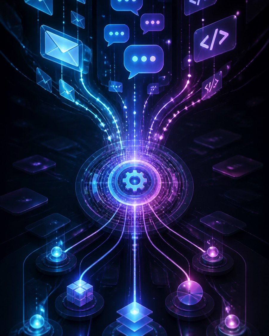 Textfreie Technologieillustration mit generischen E-Mail-, Chat- und Code-Symbolen, die in einen leuchtenden Automatisierungskern fließen.