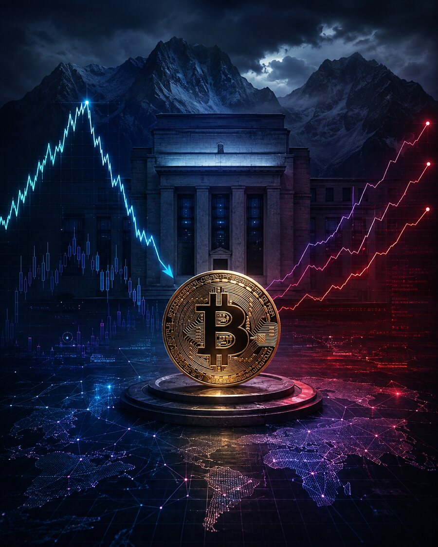 Textfreies Finanz-Symbolbild mit fallender Bitcoin-Münze, abstraktem Zentralbankgebäude und roten Marktlinien im dunklen Aquachoice-Stil.