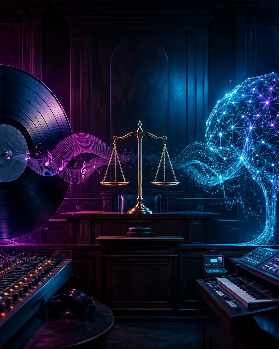 Dunkles Symbolbild mit Schallplatte, Waage und leuchtendem neuronalen Netzwerk für den Rechtsstreit zwischen Musikindustrie und KI.