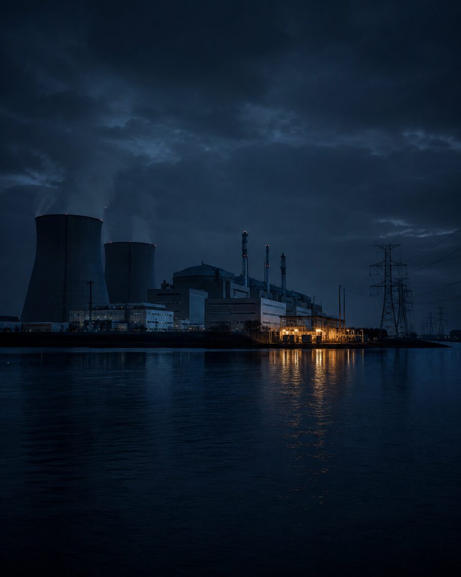 Nächtliches Kernkraftwerk an einem Fluss mit dunklen Stromleitungen und einem kleinen beleuchteten Notstrombereich.