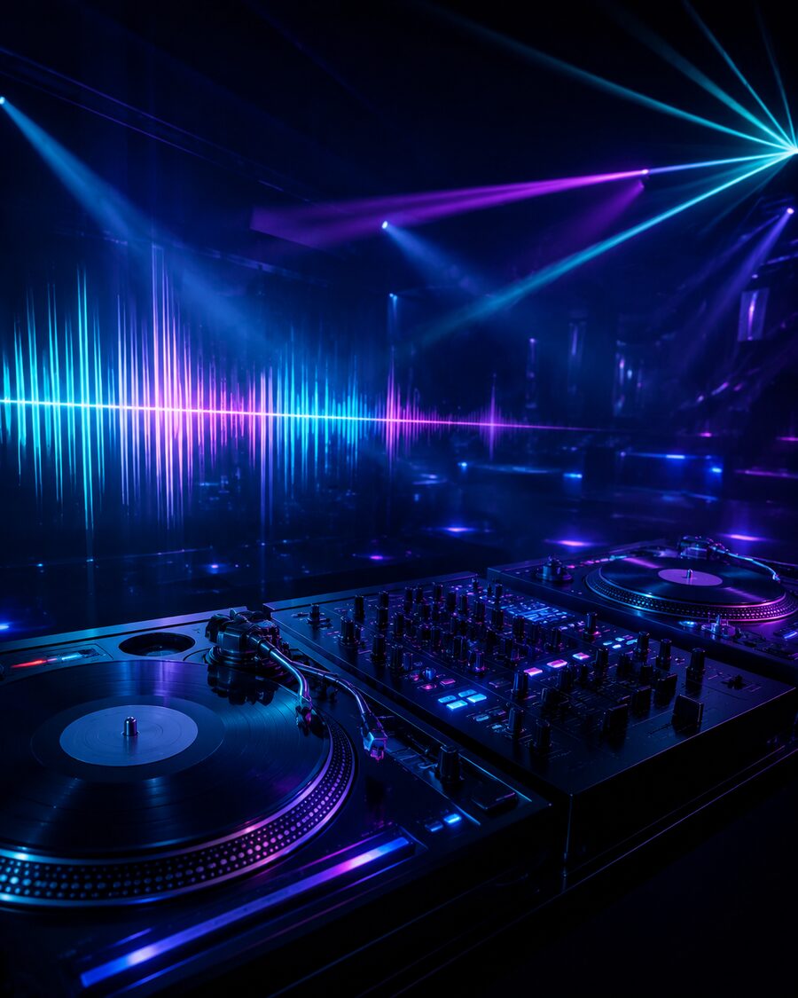 Dunkles DJ-Setup mit Plattenspielern, Mixer, leuchtender Wellenform und cyan-violettem Clublicht.