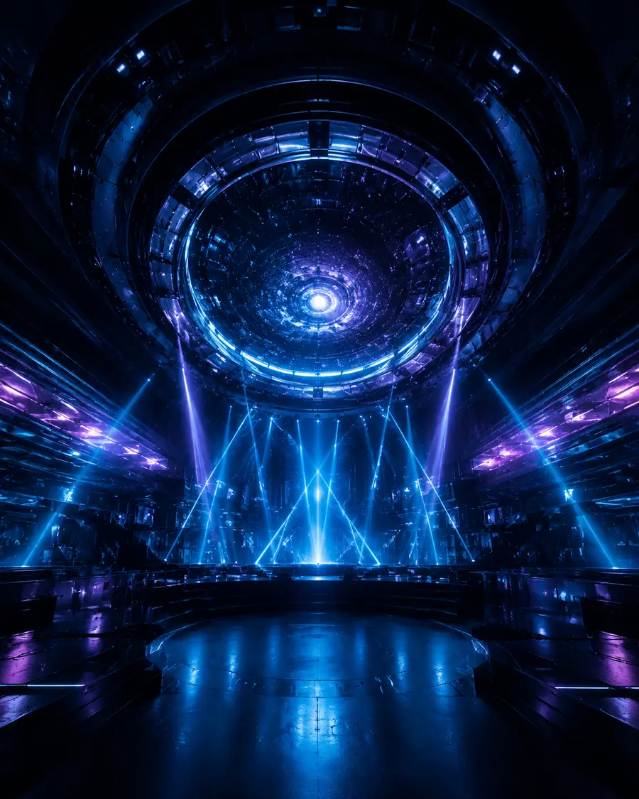 Textfreies Aquachoice-Motiv eines futuristischen Clubs für Tiëstos UNVRS-Closing