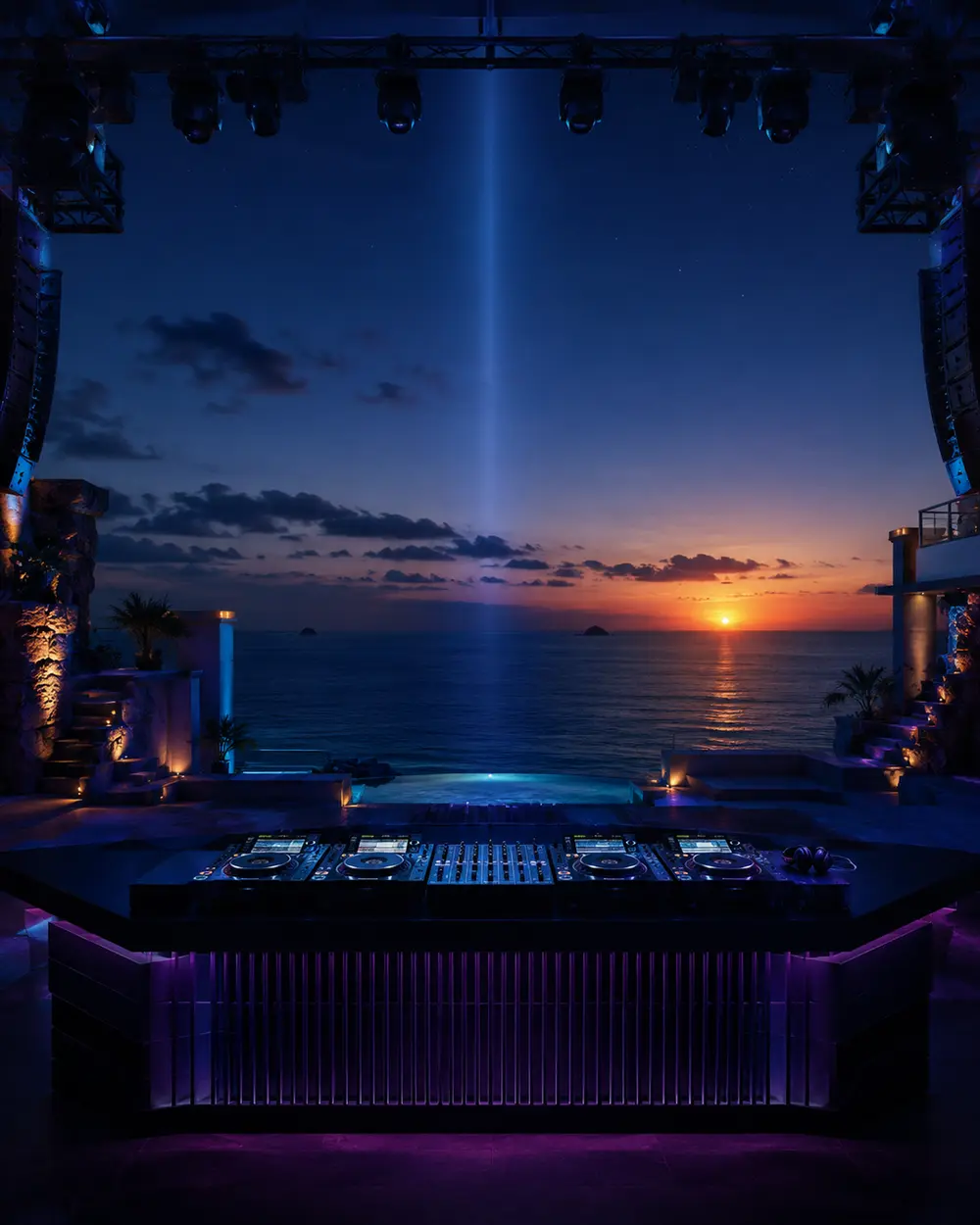 KI-Symbolbild: Menschenleeres DJ-Pult vor dem Meer bei Sonnenuntergang als Motiv zu Aviciis letztem Ibiza-Set