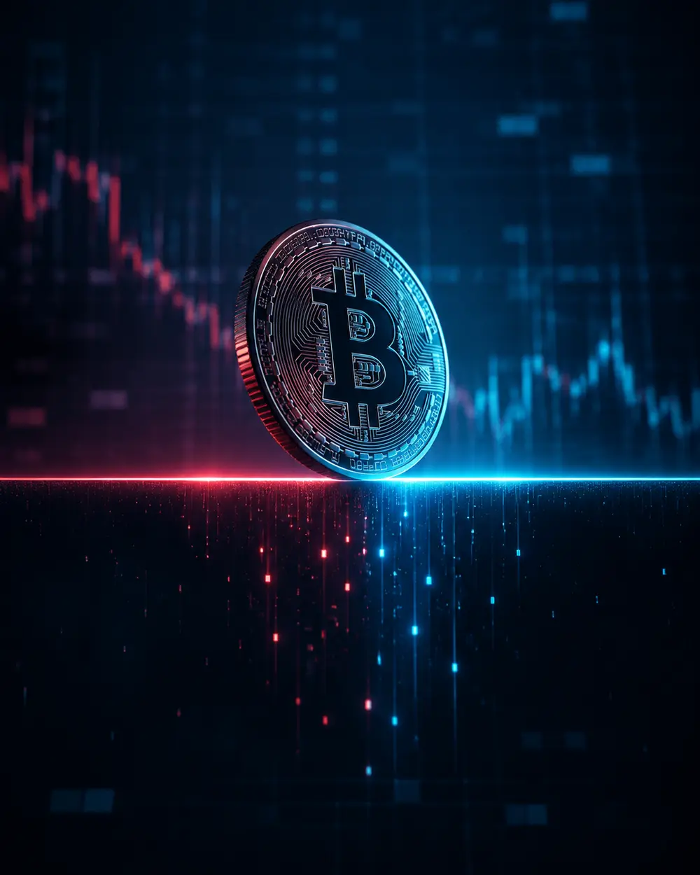 KI-Symbolbild: Bitcoin-Münze auf einer leuchtenden Kursschwelle vor einem fallenden abstrakten Chart