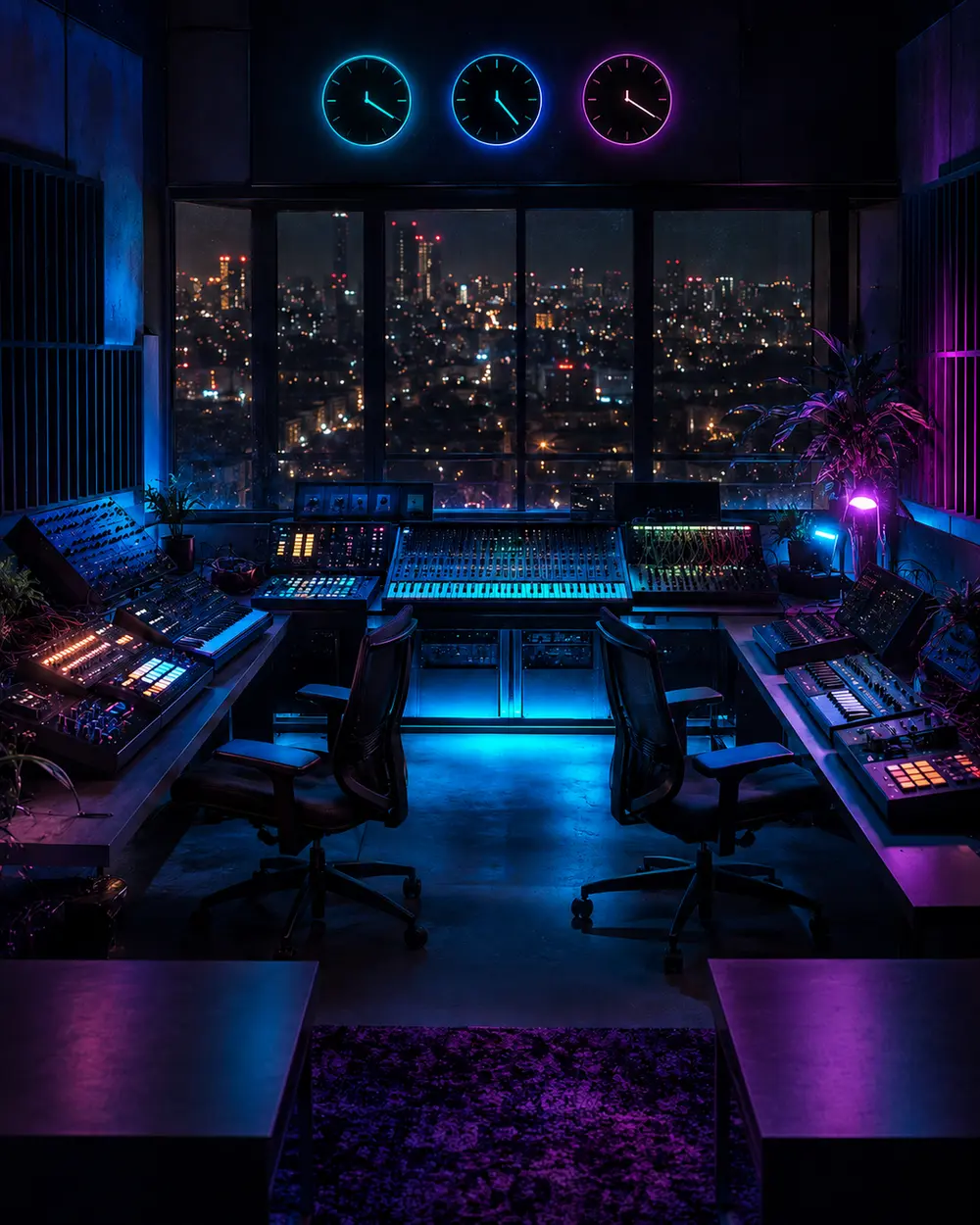 KI-Symbolbild: Menschenleeres Musikstudio mit zwei Arbeitsplätzen und drei Uhren als Motiv zur Mixtape-Produktion