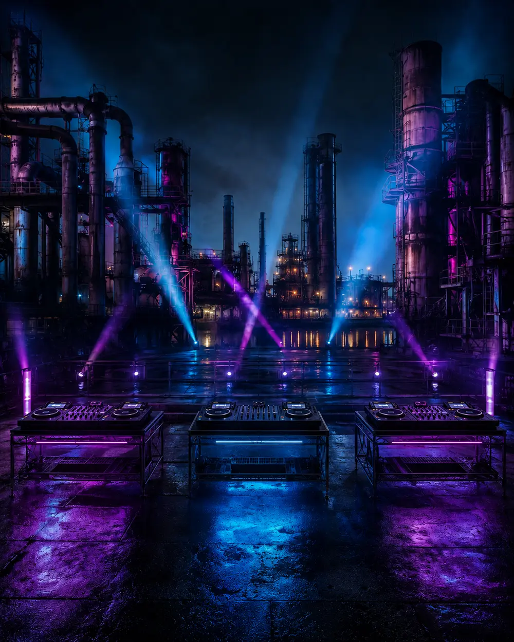 KI-Symbolbild: Drei menschenleere DJ-Pulte vor einer nächtlichen Industriekulisse als Motiv zum B3B in Seattle