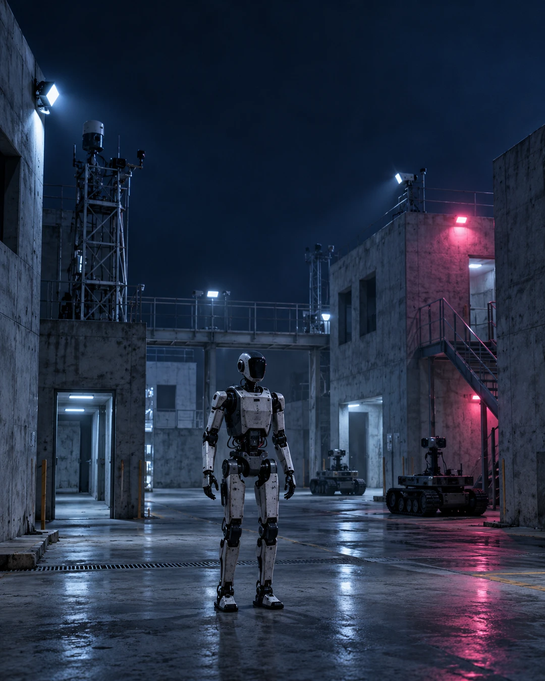 KI-generiertes Symbolbild: unbewaffneter humanoider Roboter in einer fiktiven Testhalle; keine Aufnahme eines realen Militärsystems.