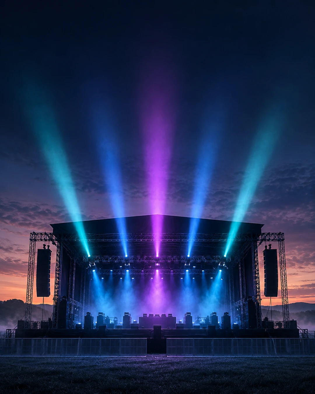 KI-Symbolbild: leere Festivalbühne mit farbigen Scheinwerfern; keine reale Veranstaltung.