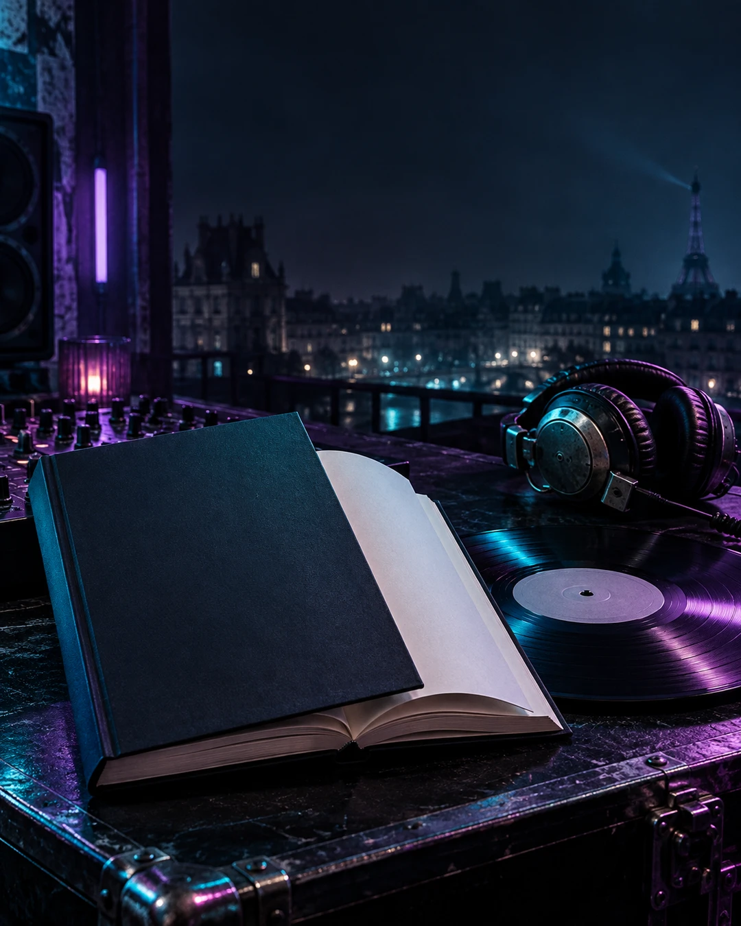 KI-Symbolbild: erfundenes unbeschriftetes Buch neben Vinyl vor einer nächtlichen Stadtsilhouette; kein echtes Buchcover.