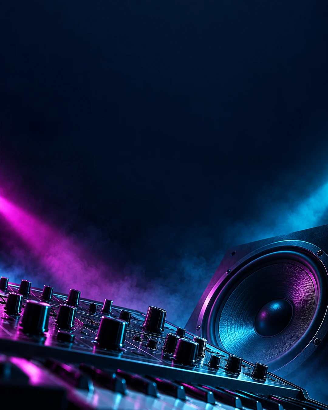 KI-Symbolbild: Synthesizer und Lautsprecher im cyan-magenta beleuchteten Raum; kein Künstlerfoto.