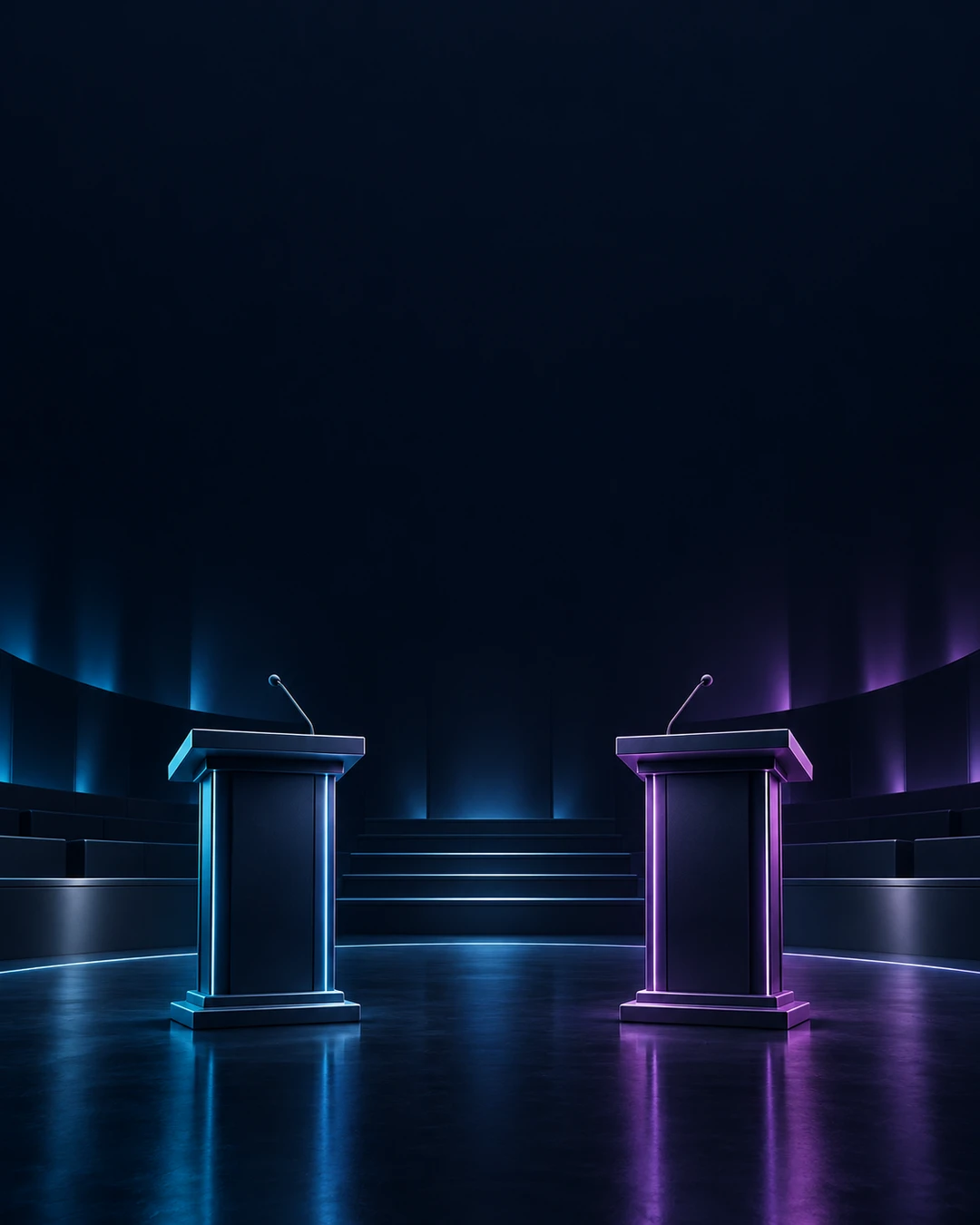 KI-Symbolbild: zwei leere Rednerpulte in einem erfundenen Debattensaal, cyan und violett beleuchtet; keine Aufnahme aus dem Bundestag.