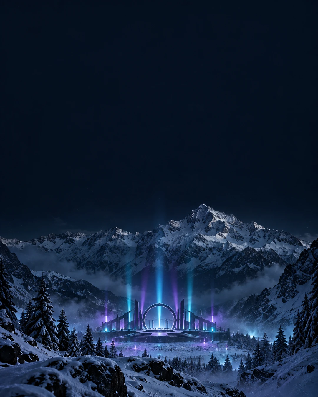 KI-Symbolbild: verschneite Berglandschaft mit einer erfundenen Festivalbühne und dezenten cyan-violetten Lichtstrahlen; keine Originalaufnahme von Tomorrowland.