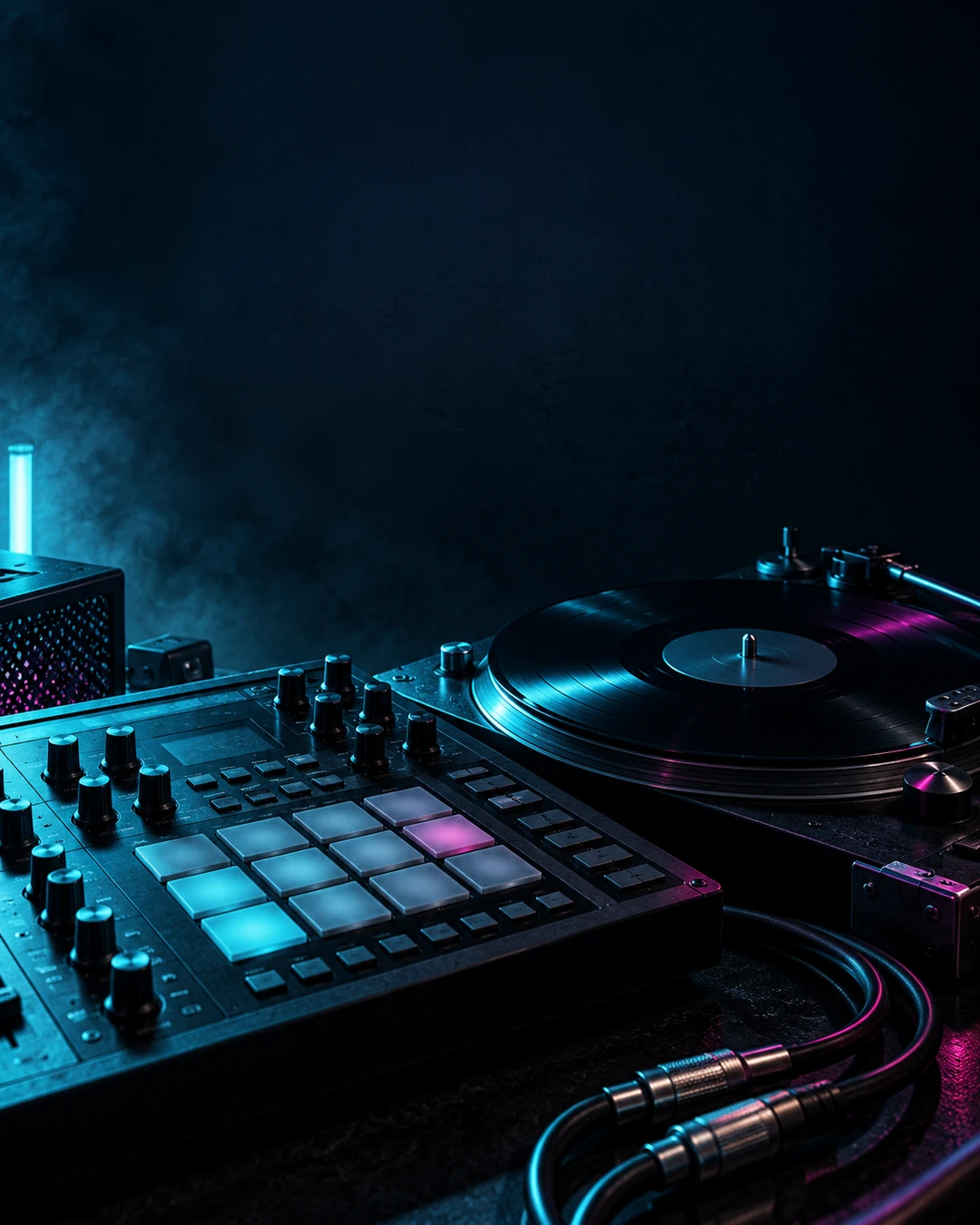 KI-Symbolbild mit erfundener Drum-Machine und Plattenspieler in türkis-violettem Licht; kein tatsächliches Studio von Nene H.