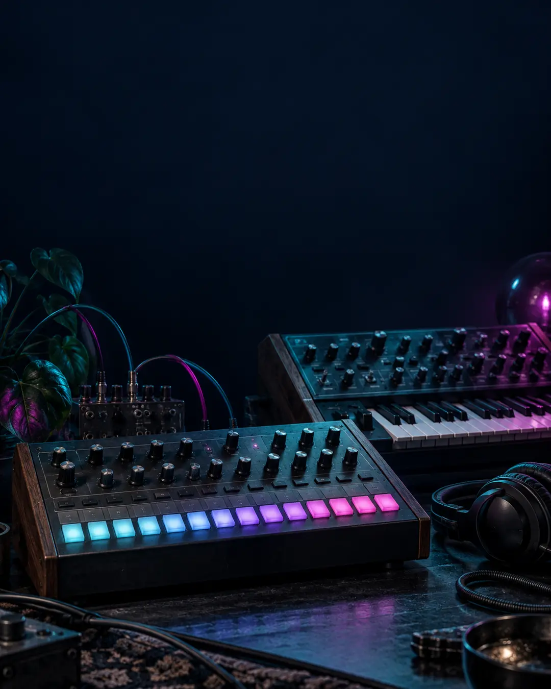 KI-Symbolbild: Unbeschriftete elektronische Instrumente mit beleuchteten Tasten in einem dunklen Studio.