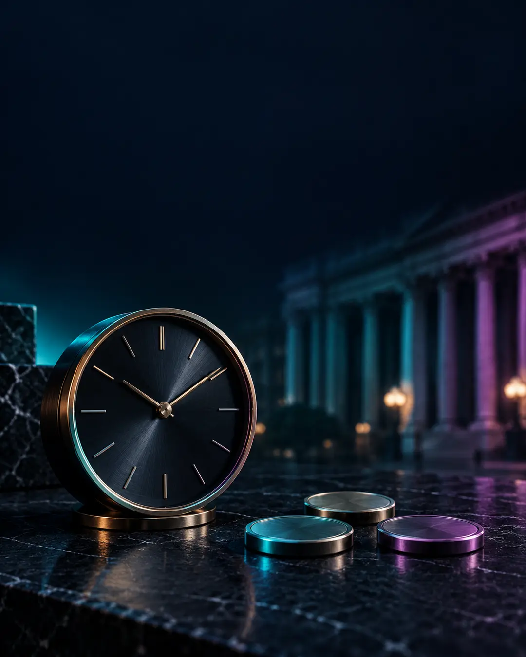 KI-Symbolbild: analoge Uhr ohne Ziffern und drei unbeschriftete Münzen vor erfundenen klassizistischen Säulen. Die Zeiger zeigen keine Terminangabe.