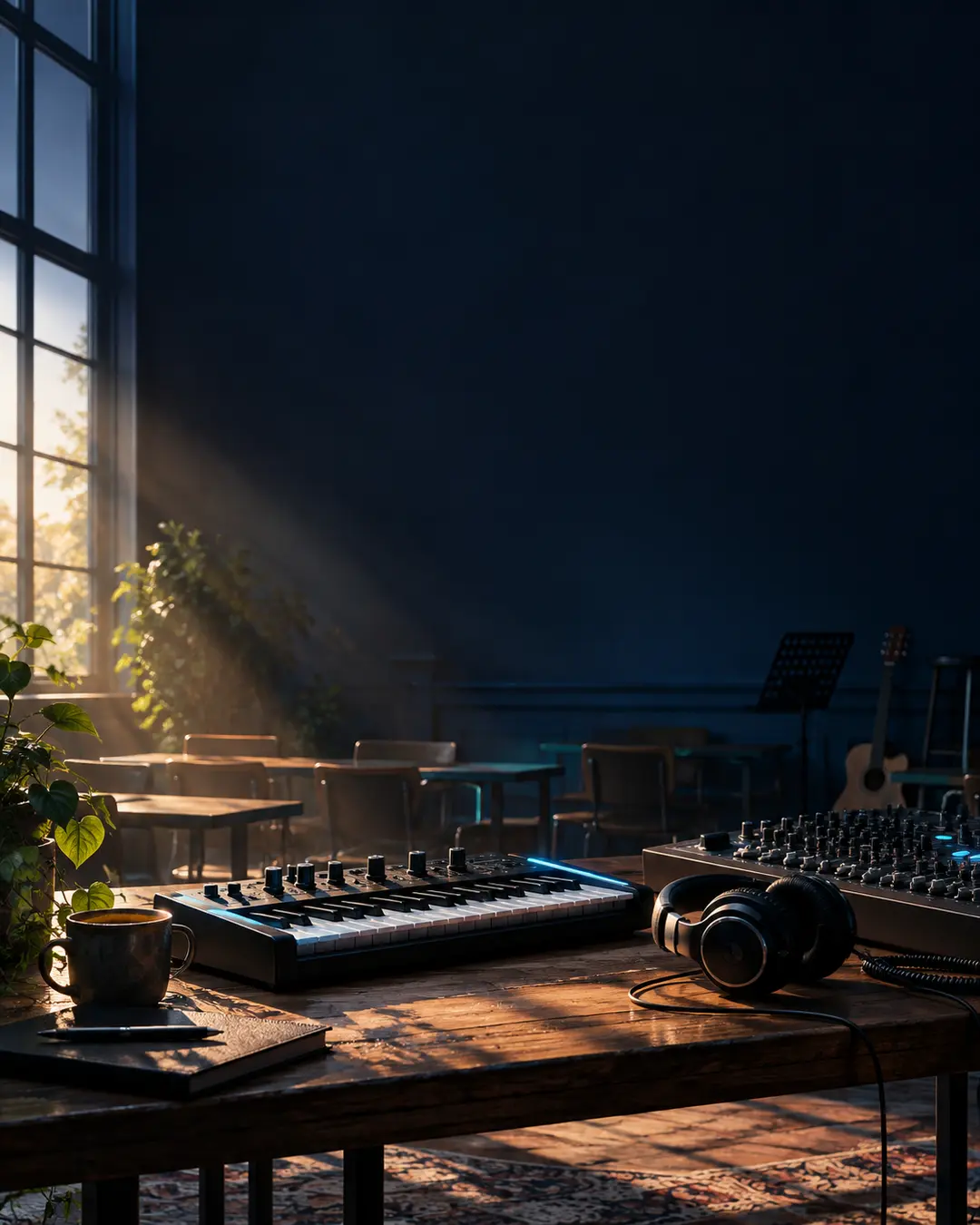 KI-Symbolbild eines leeren Musikunterrichtsraums mit Keyboard, Kopfhörern und Mischpult im warmen Licht.