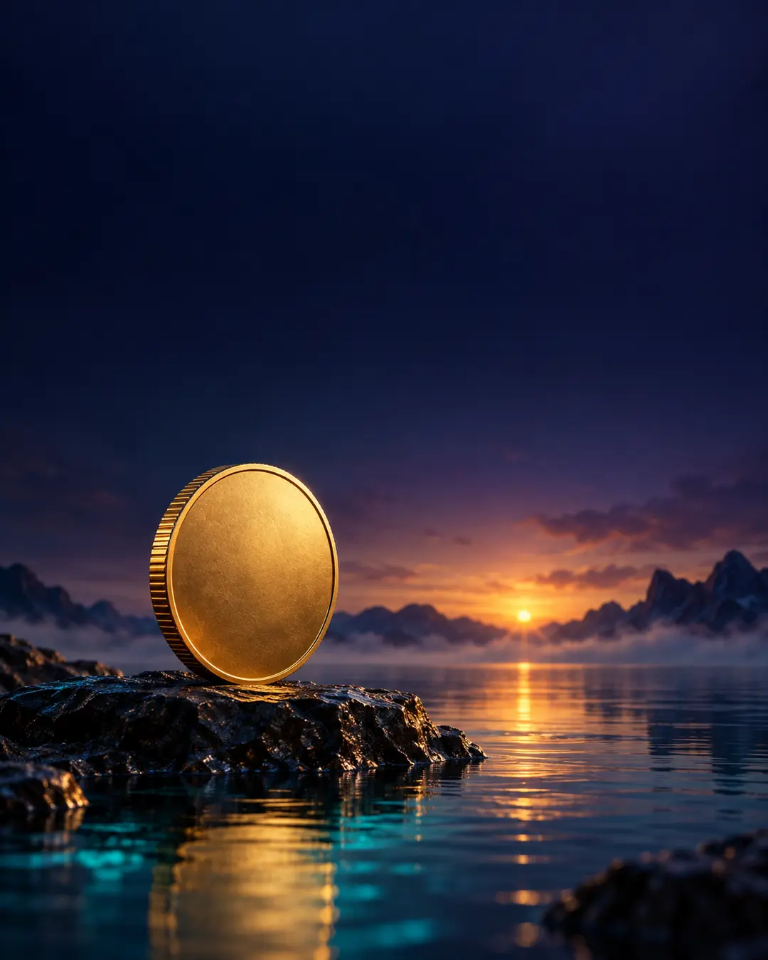 KI-Symbolbild: Unbeschriftete goldene Münze auf einem Felsvorsprung über ruhigem Wasser im Morgenlicht.