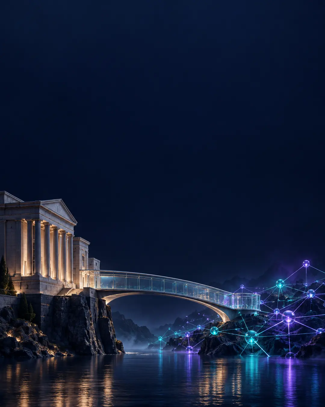 KI-Symbolbild: Eine gläserne Brücke verbindet ein erfundenes Finanzgebäude mit einem violett-türkisfarbenen Netzwerk.
