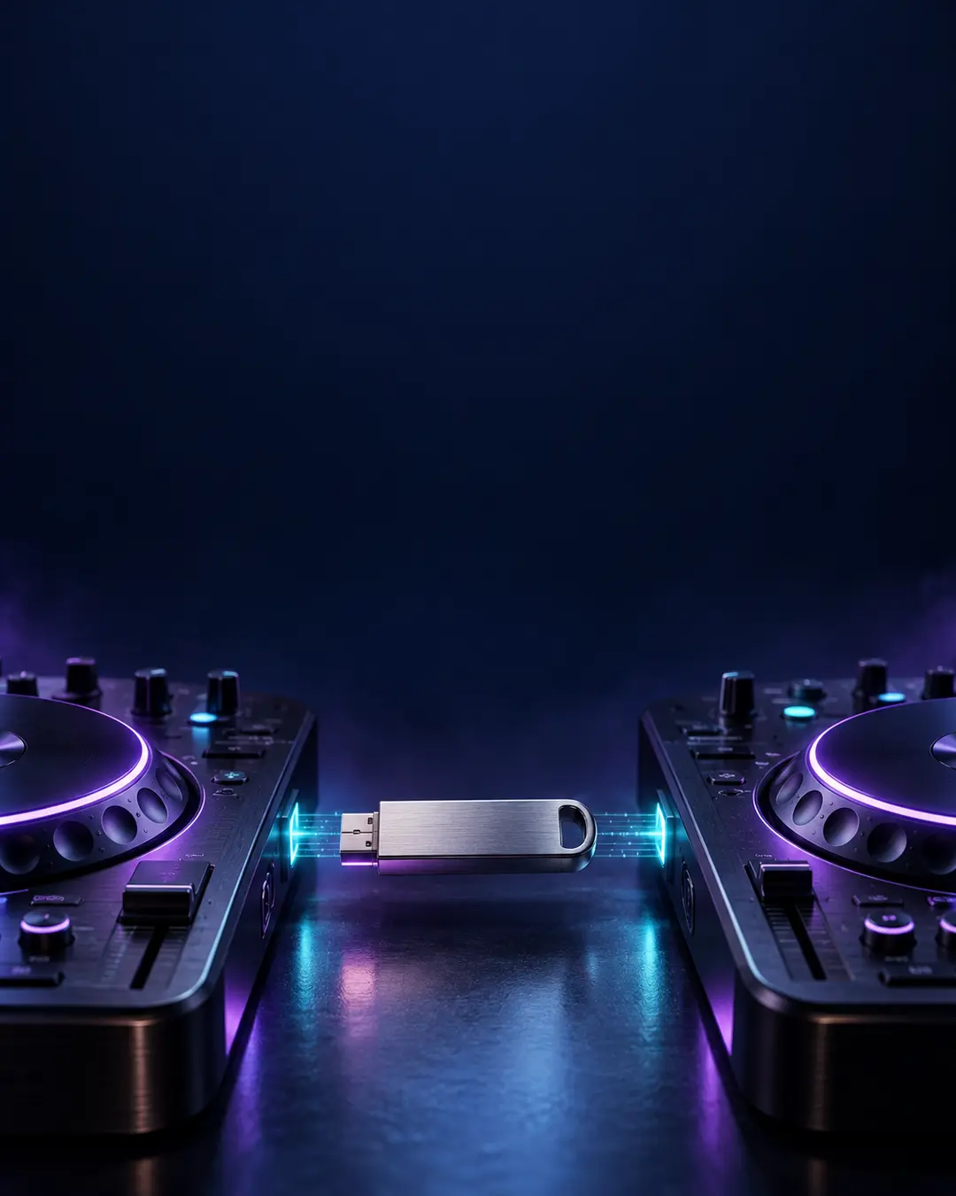 KI-Symbolbild: Ein USB-Stick zwischen zwei erfundenen DJ-Decks, verbunden durch türkisfarbenes Licht.