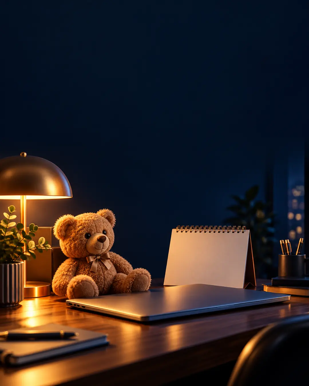 Teddybär neben geschlossenem Arbeitslaptop und unbeschriftetem Kalender; warmes Licht auf dunklem Grund, KI-Symbolbild ohne Personen.