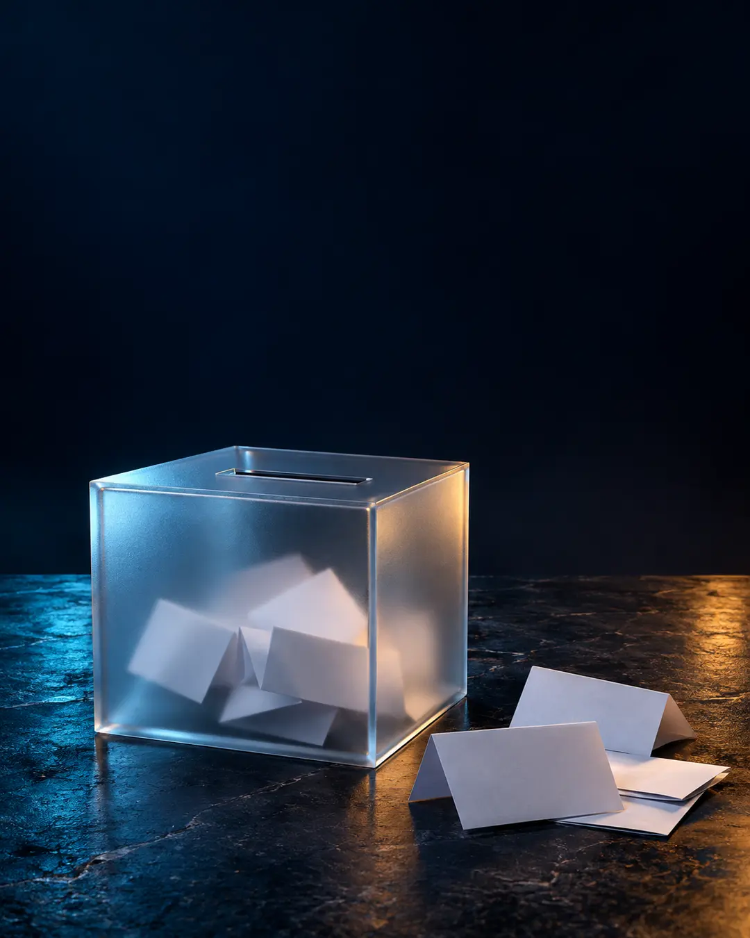 Unbeschriftete gläserne Wahlurne mit gefalteten weißen Stimmzetteln auf dunklem Tisch; KI-Symbolbild, keine Darstellung von Umfragewerten.