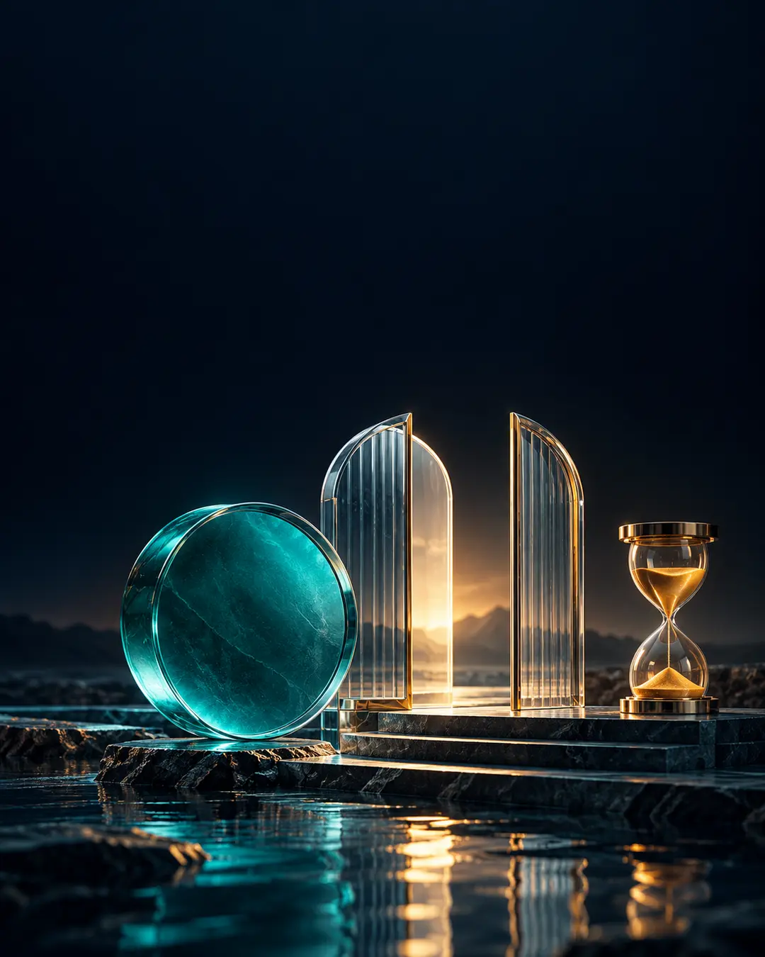 Unbeschriftete türkisfarbene Glasscheibe neben einem gläsernen Tor und einer Sanduhr; KI-Symbolbild für Handelsstart und Preisfindung, kein offizielles XDP-Logo.